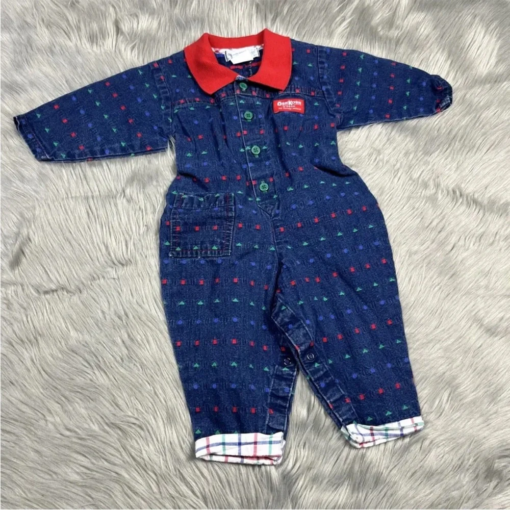 Vintage Baby Boys Oshkosh Bgosh Denim Blue Red Green Jumpsuit